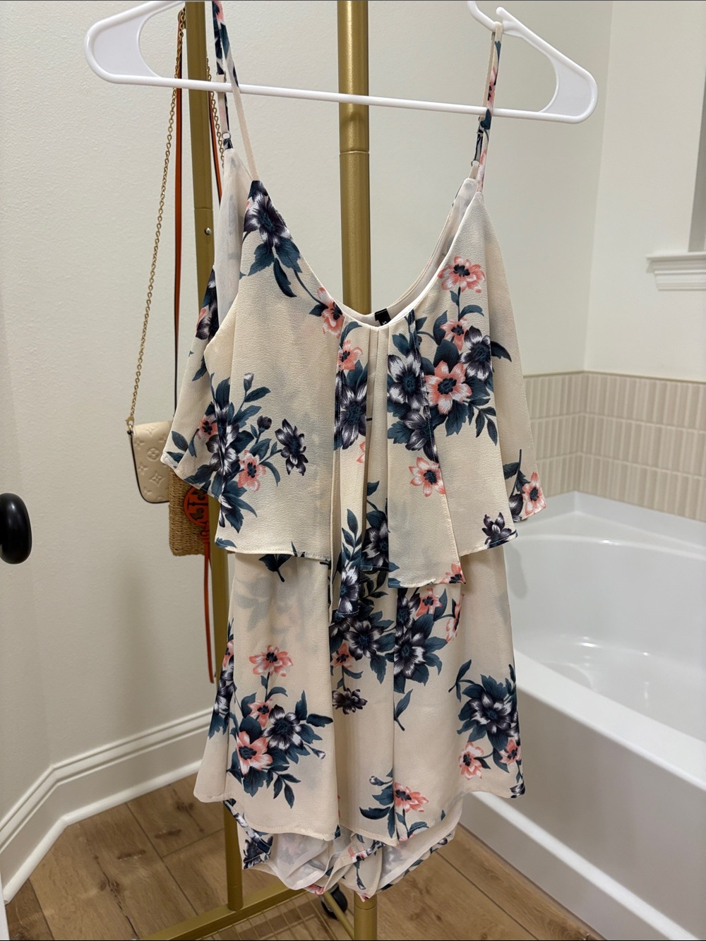 Smell the Roses Cream Romper with Pink and Navy Flowers